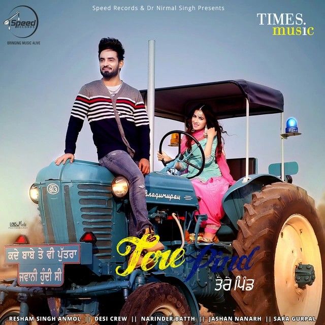Resham Singh Anmol Tere Pind Punjabi song poster featuring lead artists on tractor