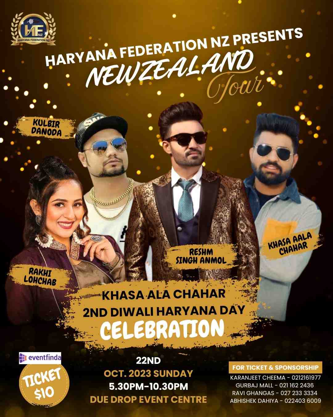 Haryana Federation NZ New Zealand Tour poster featuring Resham Singh Anmol, Khasa Aala Chahar and artists for Diwali event