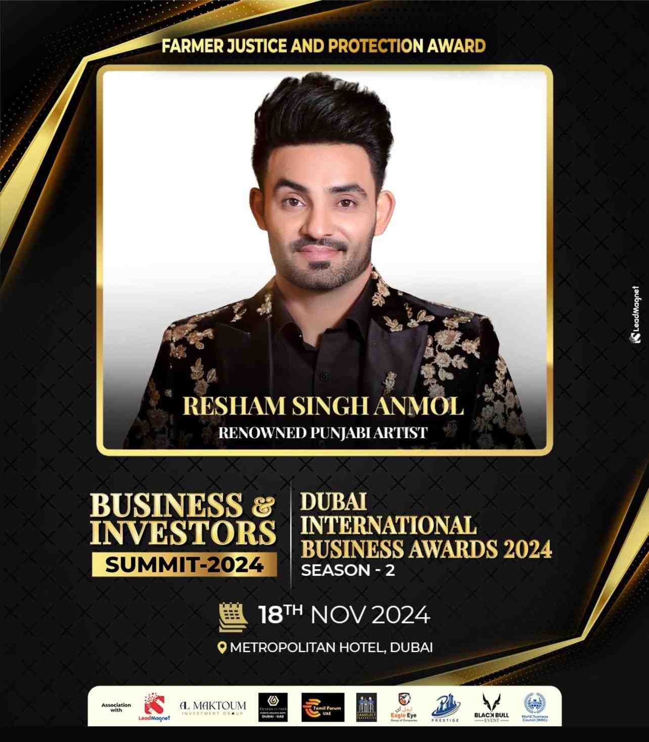 Punjabi singer Resham Singh Anmol honored at Dubai International Business Awards 2024 for Farmer Justice and Protection